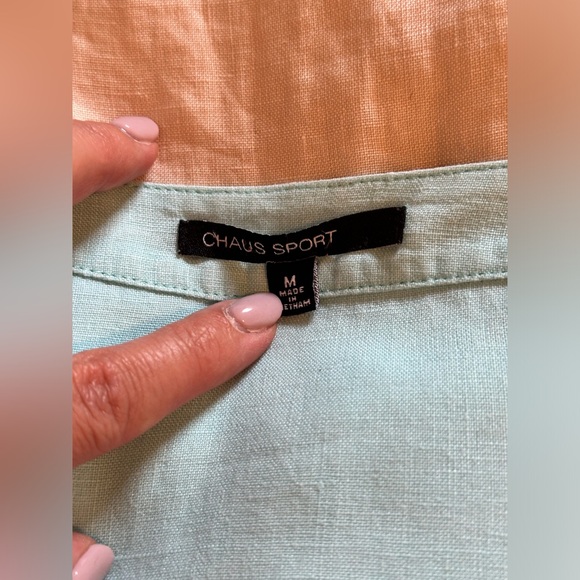 Sz M Chaus Sport light teal 100% linen button front top blouse easy breezy - Picture 7 of 7